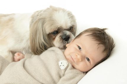 Photo studio Naissance, best friends forever, un nouveau-né et son chien